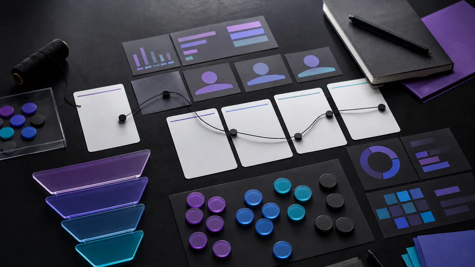 CRM analytics workflow with abstract customer segments and performance dashboards