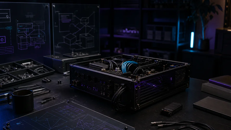 Sabiamia engineering studio with dark workstations and production software systems